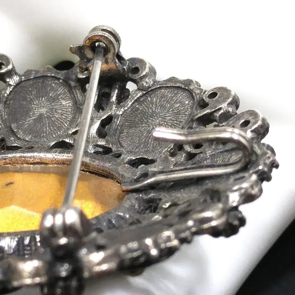 Florenza Blue Faceted Glass Brooch & Pendant, Antique Silver Tone, Gold Plated